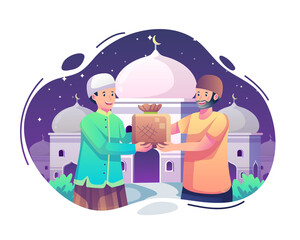 Young man giving food or zakat to an old man at Holy month Ramadan. People giving Almsgiving and charity. Flat style vector illustration