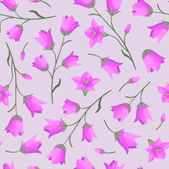 Vector seamless spring pattern with pink bluebell flowers on pastel pink background; perfect for invitations, postcards, banners and other design. - 489245431