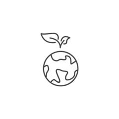 Earth leaf green planet line icon. Save world eco globe