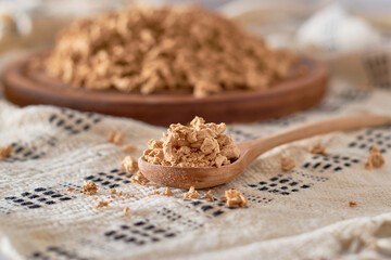Dried Soy Meat on a wooden board. Vegan protein.