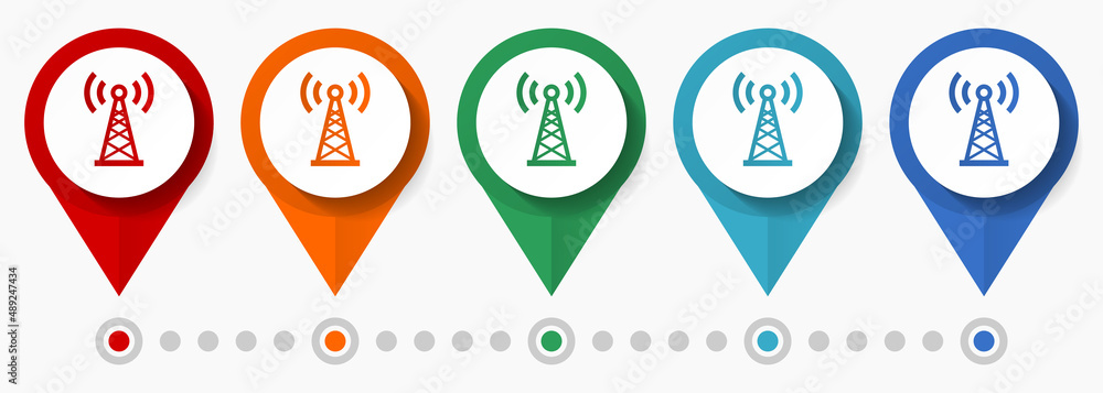 Poster antenna, signal concept vector icon set, flat design communication pointers, infographic template ea
