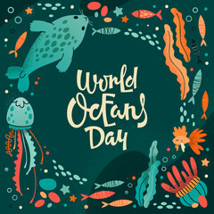 Fototapeta na wymiar Poster with text World Oceans Day