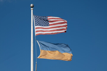 American and Ukrainian flags national ukraine two