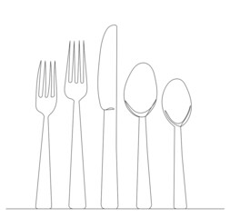forks, spoons one continuous line drawing, isolated vector