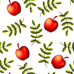 Seamless pattern of red apples with green branches