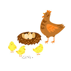 Vector illustration of hen, chicks and nest with eggs