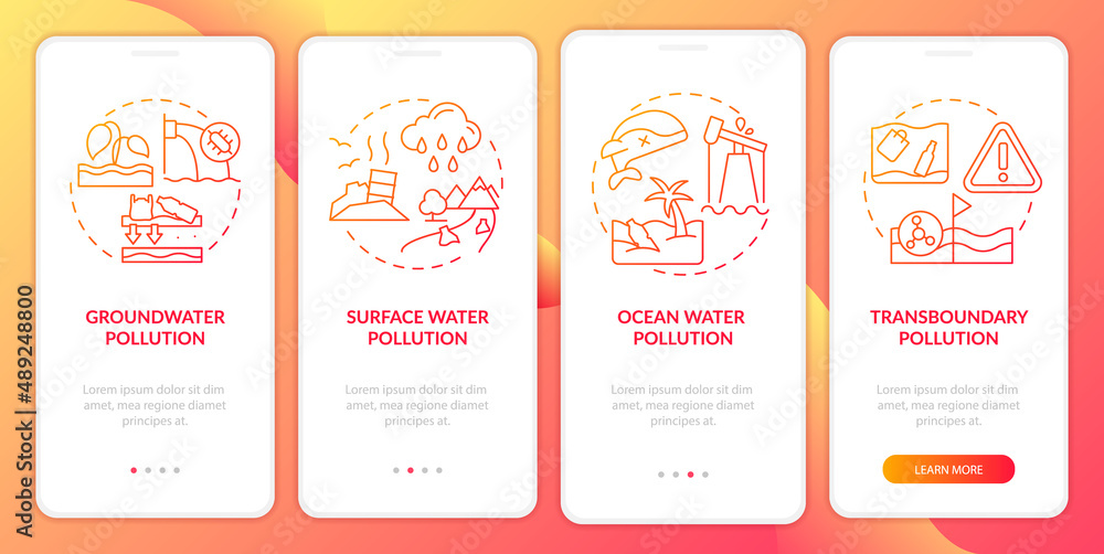 Aufkleber water pollution categorization red gradient onboarding mobile app screen. walkthrough 4 steps graphi