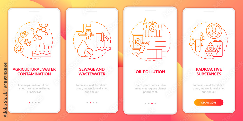 Poster water pollution causes red gradient onboarding mobile app screen. walkthrough 4 steps graphic instru