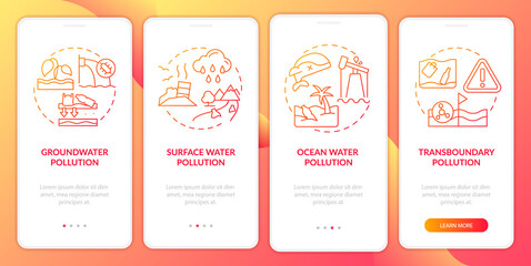 Water pollution categorization red gradient onboarding mobile app screen. Walkthrough 4 steps graphic instructions pages with linear concepts. UI, UX, GUI template. Myriad Pro-Bold, Regular fonts used