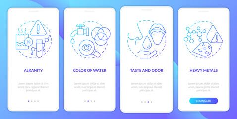 Water quality analysis blue gradient onboarding mobile app screen. Walkthrough 4 steps graphic instructions pages with linear concepts. UI, UX, GUI template. Myriad Pro-Bold, Regular fonts used