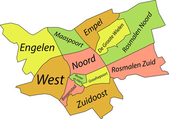 Pastel flat vector administrative map of 'S-HERTOGENBOSCH, NETHERLANDS with name tags and black border lines of its districts
