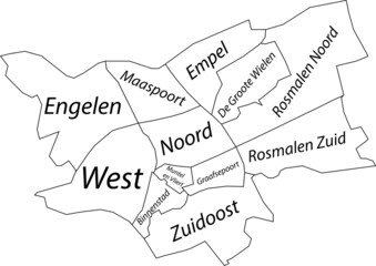 White flat vector administrative map of 'S-HERTOGENBOSCH, NETHERLANDS with name tags and black border lines of its districts