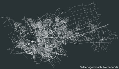 Detailed negative navigation white lines urban street roads map of the Dutch regional capital city of 'S-HERTOGENBOSCH, NETHERLANDS on dark gray background