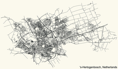 Detailed navigation black lines urban street roads map of the Dutch regional capital city of 'S-HERTOGENBOSCH, NETHERLANDS on vintage beige background - obrazy, fototapety, plakaty