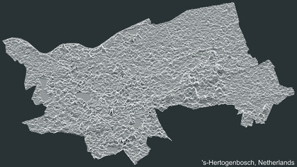Topographic negative relief map of the city of 'S-HERTOGENBOSCH, NETHERLANDS with white contour lines on dark gray background