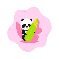 Cute Panda surfing vector illustration. Animal icon concept in flat design. Panda cartoon character.