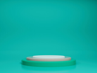 Empty podium or pedestal display on colorful background with cylinder stand concept. Blank product shelf standing backdrop. 3d render