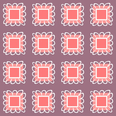 Seamless pattern of pink and red squares with abstract white elements on a light purple background for textile.