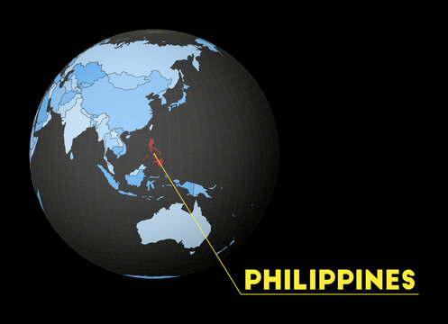 Philippines on dark globe with blue world map. Red country highlighted. Satellite world view centered to Philippines with country name. Vector Illustration.