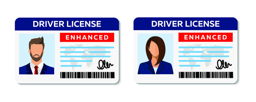 Car driver licences with a photo of a man and a woman. A template for a plastic card with personal data. Vector illustration of an identity card.

