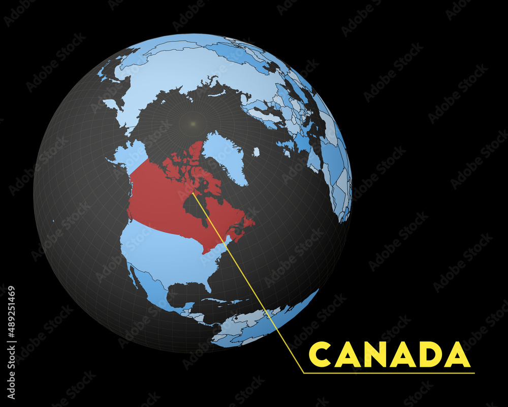 Poster canada highlighted on a dark globe with a blue world map. satellite view centered on canada with the