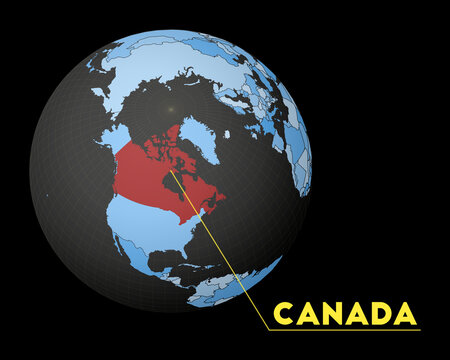 Canada on dark globe with blue world map. Red country highlighted. Satellite world view centered to Canada with country name. Vector Illustration.