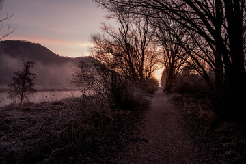 foggy winter morning on the Adda river in Brivio Lombardy - 489251609