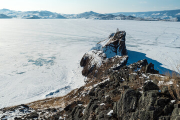 Island covered by ice in the middle on Baykal lake, Siberia