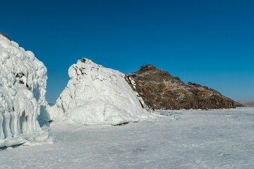 Island covered by ice in the middle on Baykal lake, Siberia
