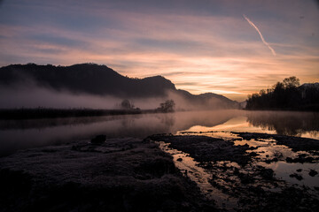 foggy winter morning on the Adda river in Brivio Lombardy - 489251648