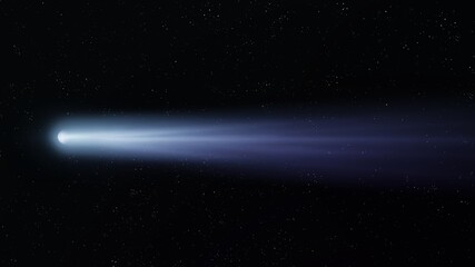 Comet with a long bright tail in outer space. Observation of astronomical objects. Photo of a real comet flying near the Earth. 