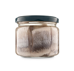 Herring sliced salted in jar with blue lid isolated on white background