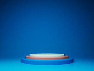 Empty podium or pedestal display on colorful background with cylinder stand concept. Blank product shelf standing backdrop. 3d render