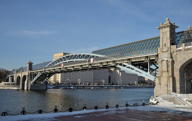 Pushkinsky (Andreevsky) pedestrian bridge across Moscow River in Moscow, connects Pushkinskaya...