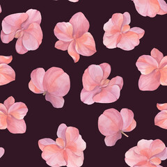 Naklejka premium Watercolor seamless pattern of orchid flowers. Abstract background for design, wallpapers, wrapping paper. Orchid flowers ornament on a bright background.