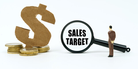 On a white surface, a dollar symbol, a human figure and a magnifying glass with the inscription - SALES TARGET