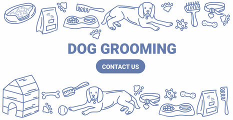 Banner for dog hair salon, dog styling and grooming shop, store for pets. Vector illustration isolated on white.