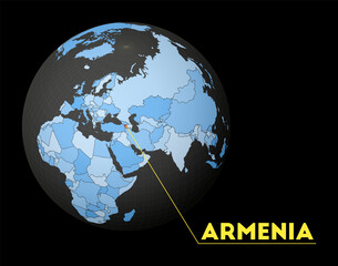 Armenia on dark globe with blue world map. Red country highlighted. Satellite world view centered to Armenia with country name. Vector Illustration.