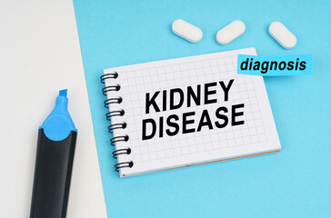 On a white and blue surface are pills, a marker and a notebook with the inscription - KIDNEY DISEASE