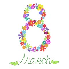 March 8, International Women's Day greeting card template with an inscription and flowers. Vector illustration Web