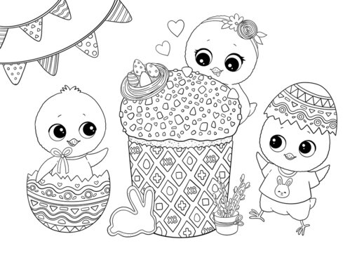 Easter chicken coloring drawing, black and white
