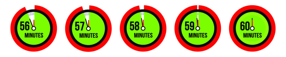 56,57,58,59,60 minutes timer, stopwatch or countdown icon. Time measure. 