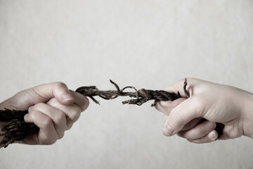 two hands pull the old rope on an isolated background ,strength