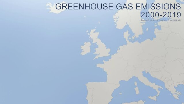 Greenhouse gas emissions in  the United Kingdom from 2000 to 2019. Values in tonnes per capita (CO2 equivalent). Source data: Eurostat. 3D rendering loop able video with 4K resolution.

