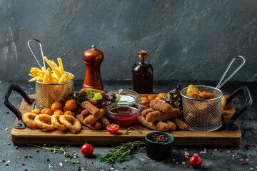 take away food mozzarella sticks, onion rings, french fries, chicken nuggets and sauce on a wooden...