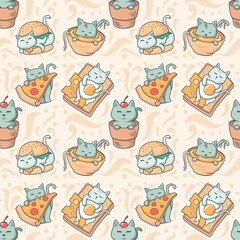 Cute cat seamless pattern with cute character, food and beverages. pattern with a pink background