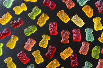 Multicolored flying gummy bears on a black background, flat lay