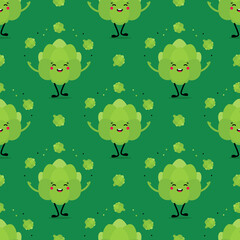 Vector seamless pattern background with cute cartoon style green artichoke characters juggling little artichokes.

