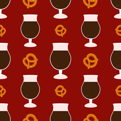 Vector seamless pattern background with stout beer glasses and pretzels for pub and beer related design. 
