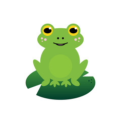 Cute and smiling cartoon style frog character sitting on a green leaf. Vector illustration.
